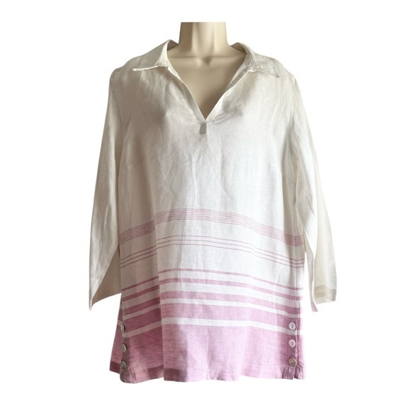 Sigrid Olsen Linen Striped Side Button Tunic Top - Picture 1 of 8